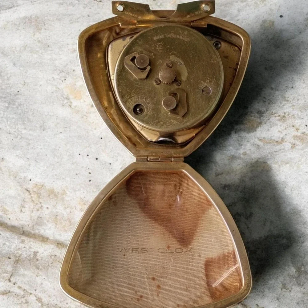Vintage Westclox 7 Jewels Travel Alarm Clock Germany Gold Case Shield Working